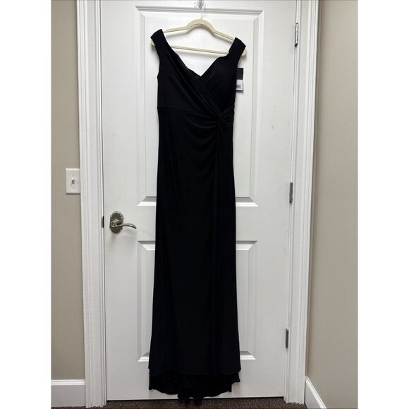 New La Femme Size 14 Black Jersey Off Shoulder Maxi Gown Cocktail Dress 29474 - Picture 5 of 11